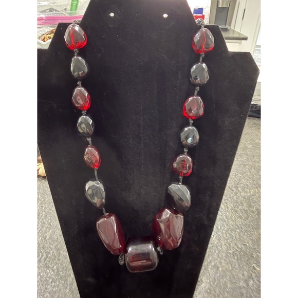 Jewelry - Vintage Chunky Ruby Red Glass Hematite Bead Statement Necklace Hand Knotted Boho